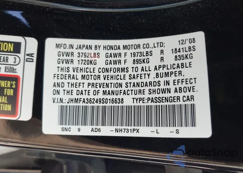 2009 Honda Civic Hybrid Hybrid z USA, uszkodzony, nr VIN JHMFA36249S016638